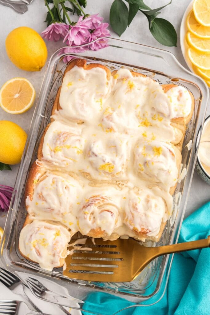 Lemon sweet rolls in a baking dish.