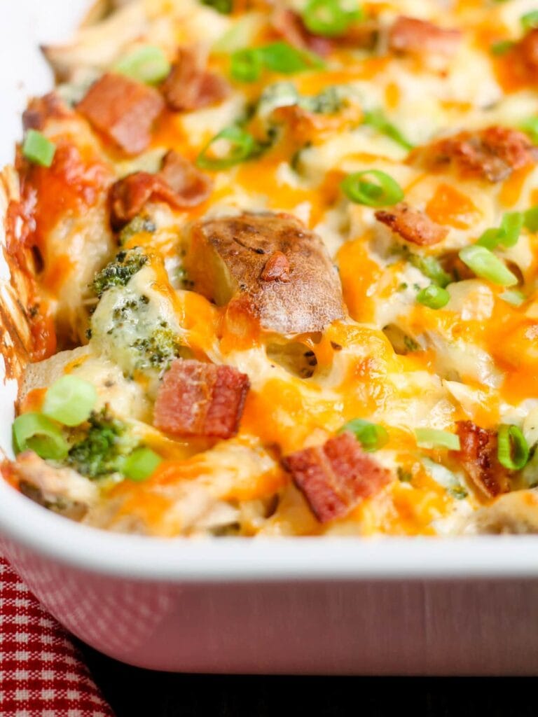 Loaded chicken potato casserole in a baking dish.