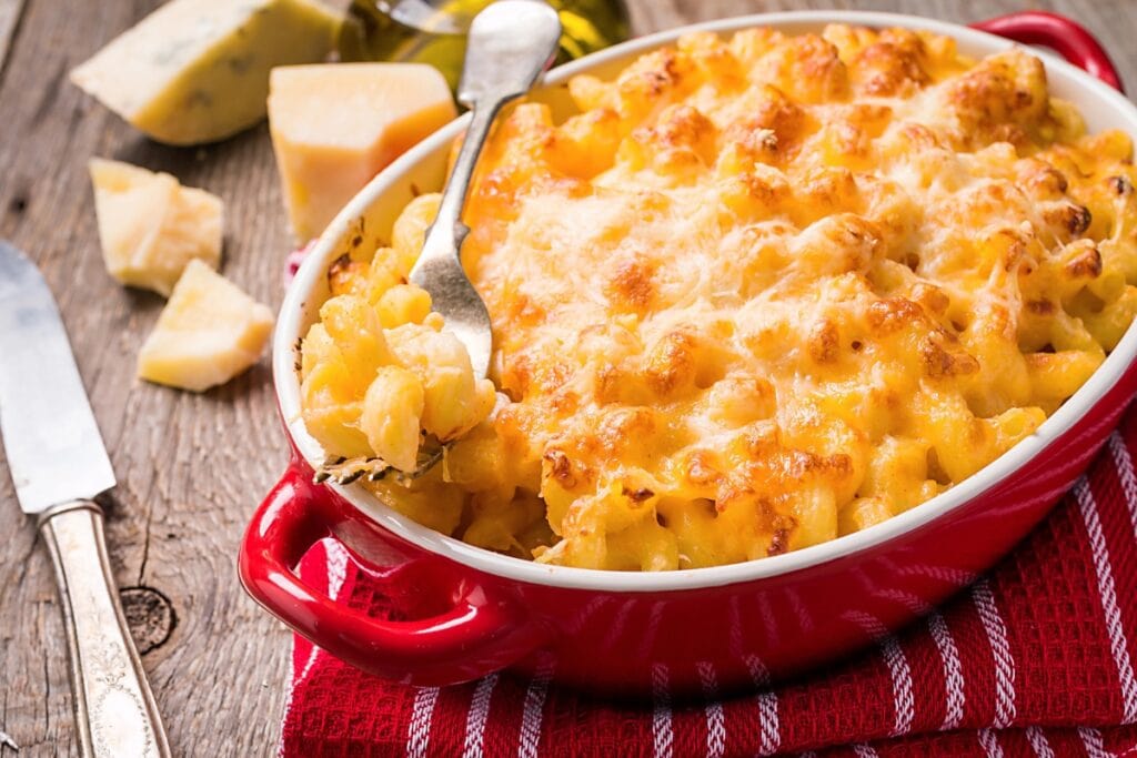 Mac and cheese in a baking dish.