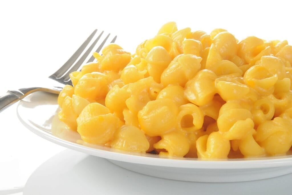 Mac and cheese on a plate.