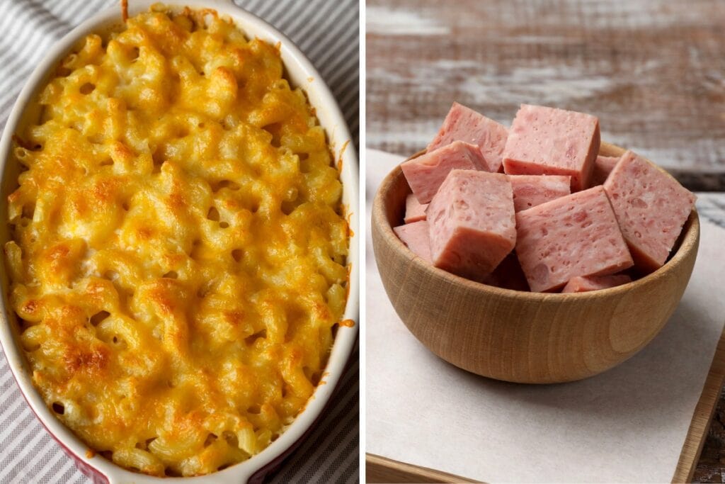 Cheesy mac and cheese with diced Spam.