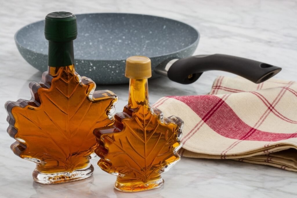 Maple syrup in leaf shaped bottles.
