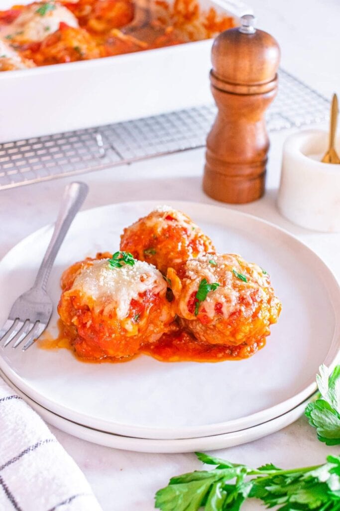 Meatball casserole on a white plate.