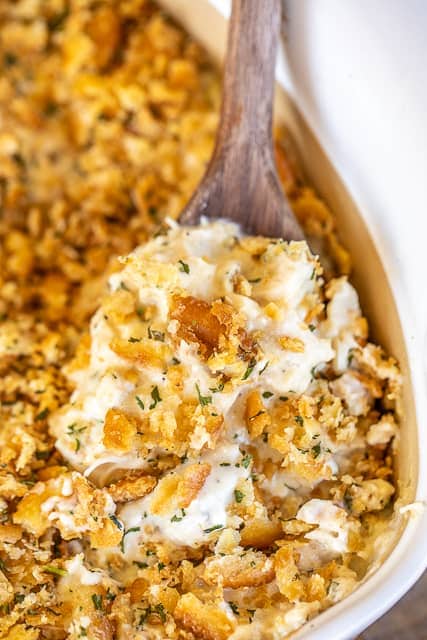 Million dollar chicken casserole in a baking dish.