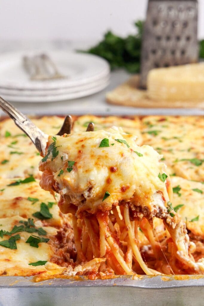 Million Dollar Spaghetti on a serving spoon.
