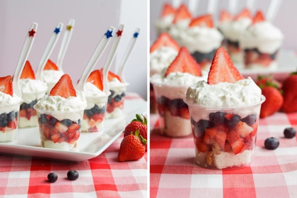 Mini berry shortcake cups with whipped cream.