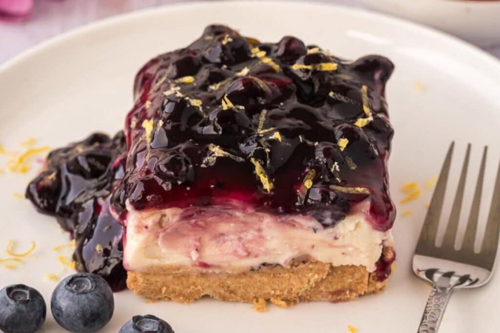 No bake blueberry cheesecake on a plate.