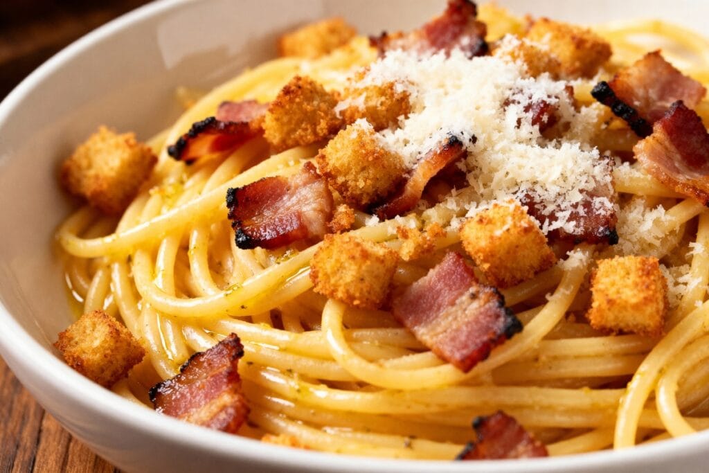 Pasta with butter, parmesan, and garlic bread in a bowl.