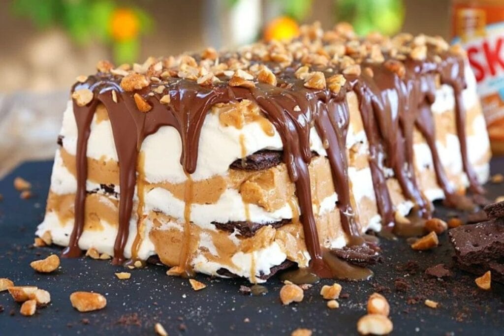 Peanut butter caramel icebox cake with chocolate drizzle.