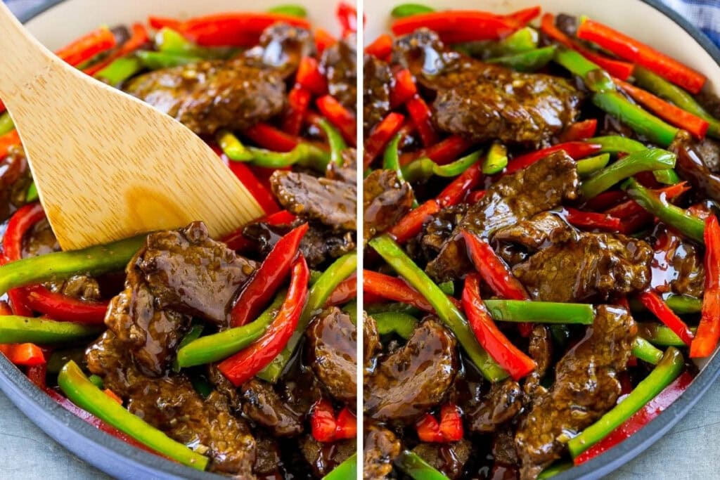 Pepper steak stir fry with bell peppers in a skillet.