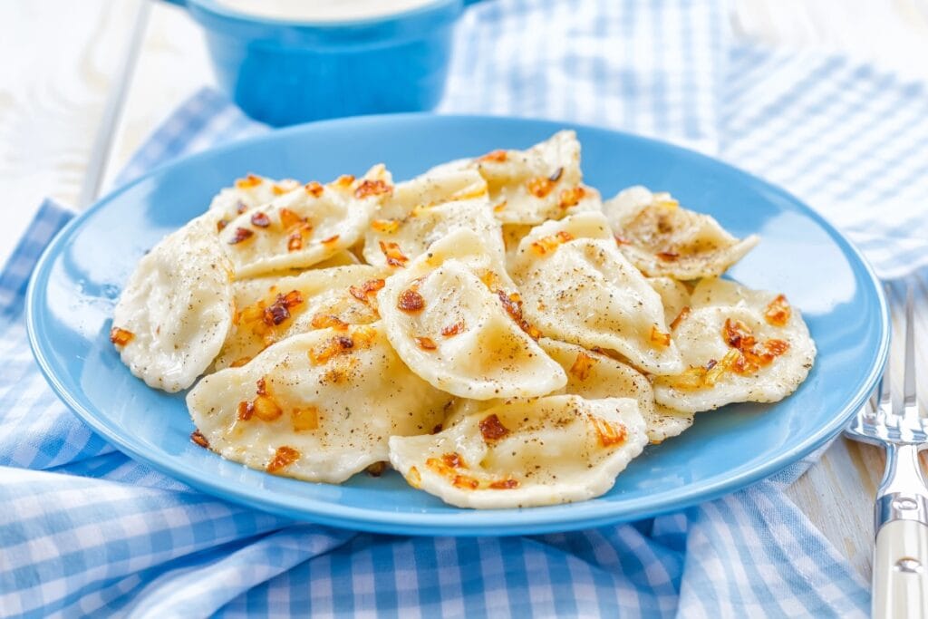 Perogies on a plate.
