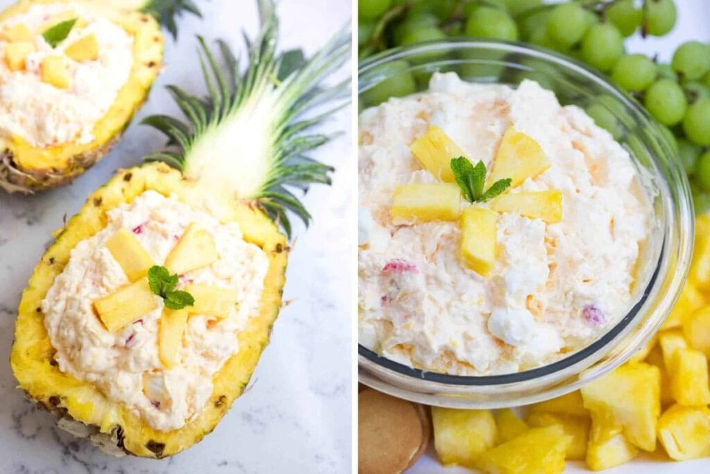 Pineapple fluff dessert in a collage showing a bowl and pineapple halves.