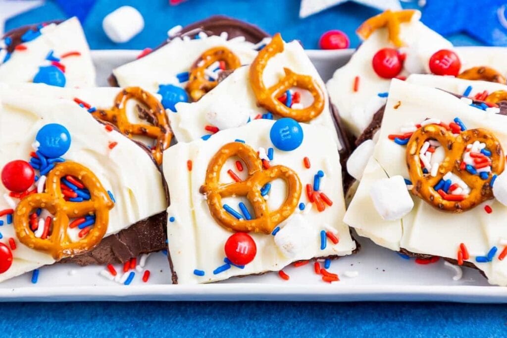 Red, white, and blue bark topped with pretzels and sprinkles.