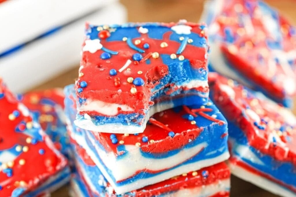 Close-up shot of red, white, and blue fudge.