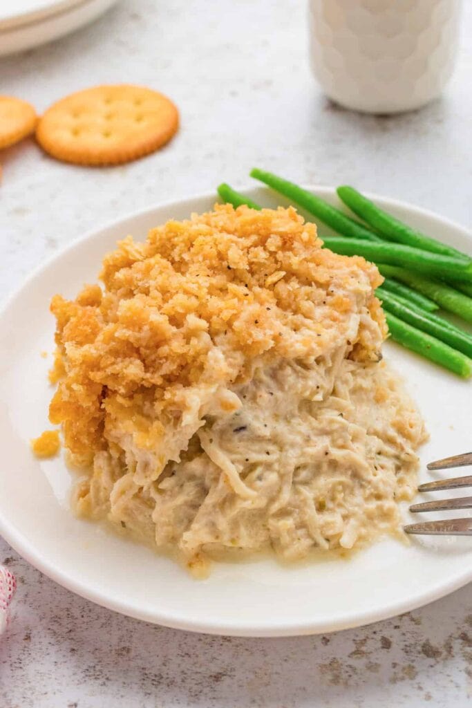 Ritz chicken casserole on a plate.