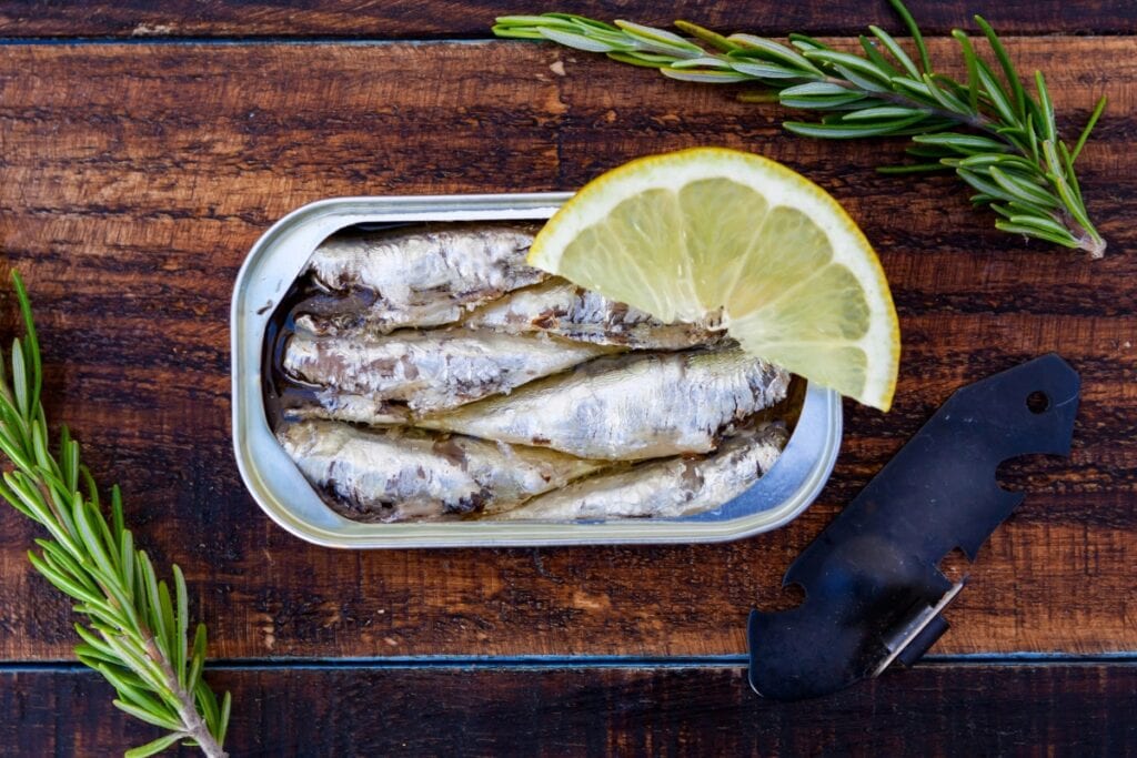 Sardines in a tin with lemon slice.