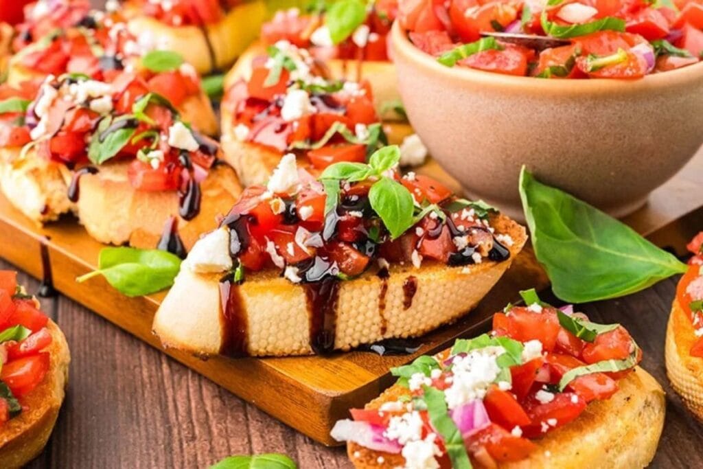A close up shot of bruschetta.