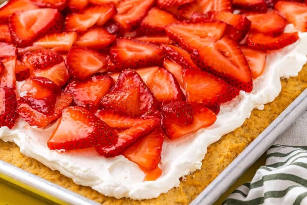 Strawberry shortcake in a sheet pan.