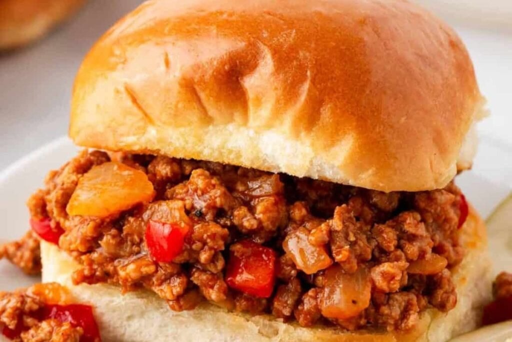 Close-up of sloppy joes on a plate.
