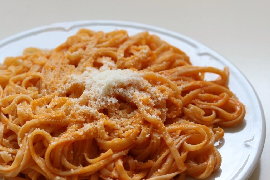 Spaghetti on a plate.