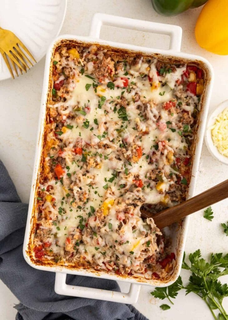 Stuffed pepper casserole in a baking dish.