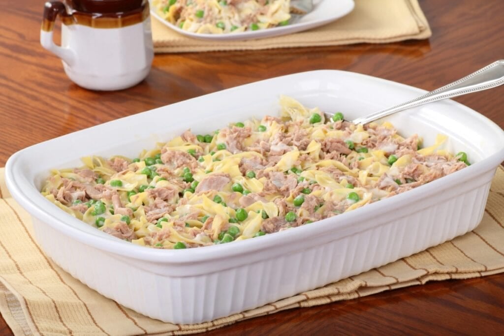 Tuna noodle casserole in a baking dish.
