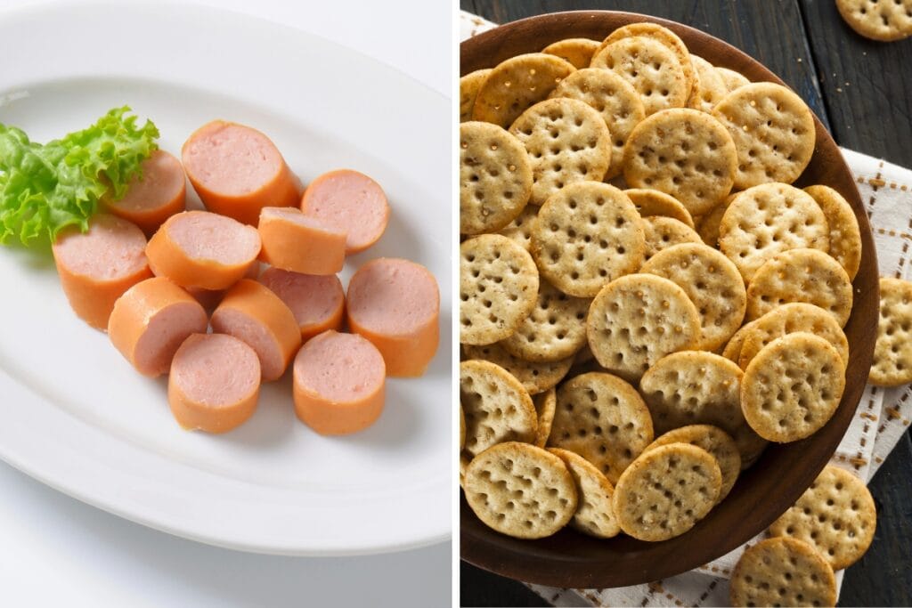Vienna sausages and crackers on plates.