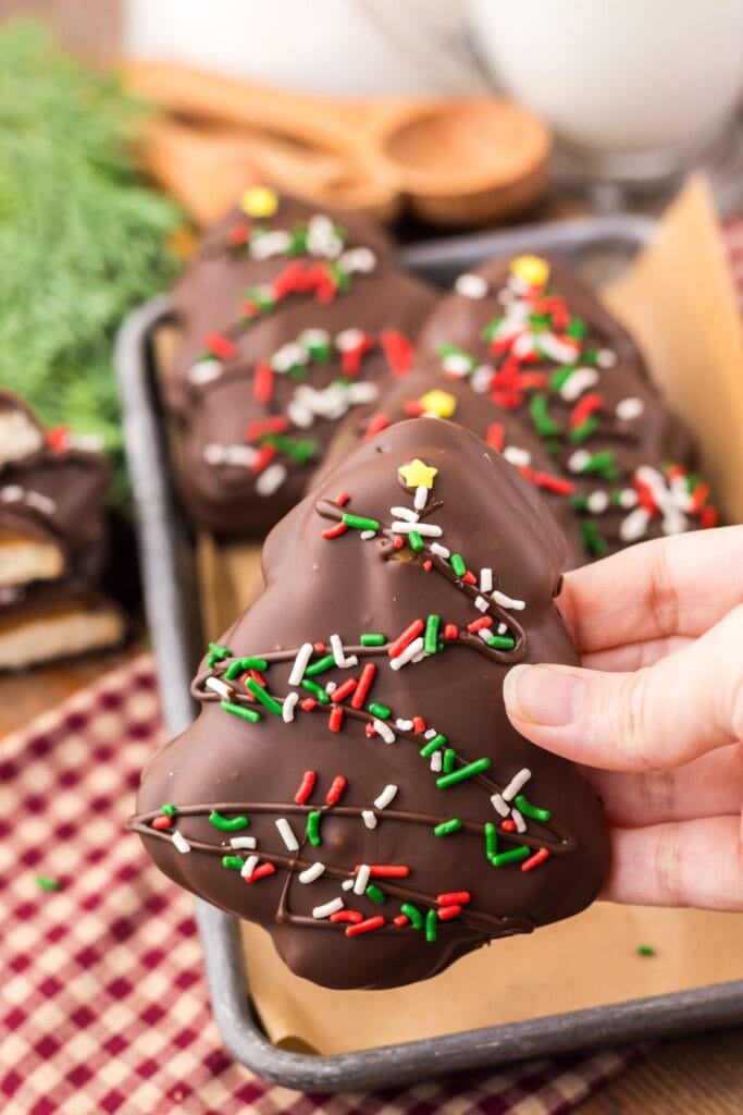 A close up shot of shortbread Christmas trees.