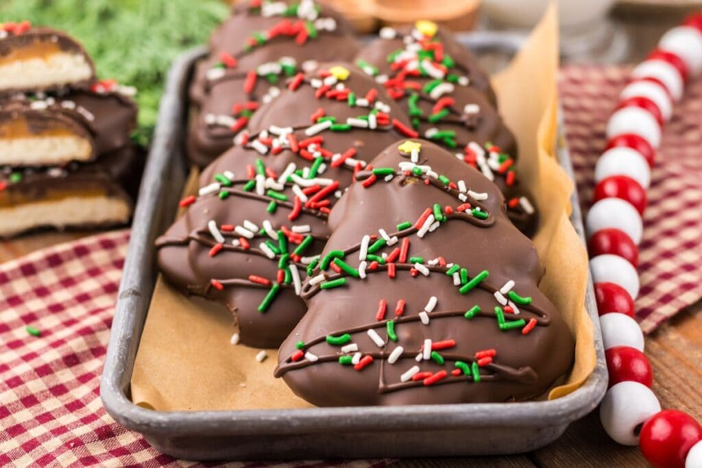 A close up shot of shortbread Christmas trees.
