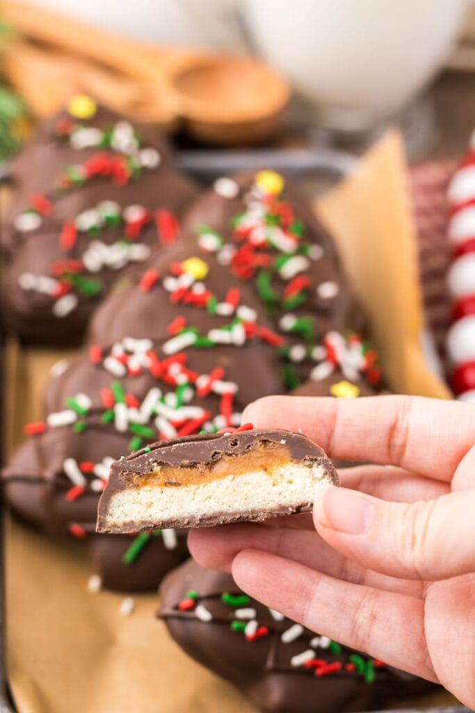 A close up shot of shortbread Christmas trees.