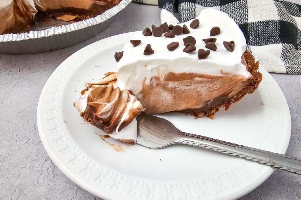 A close up shot of chocolate pudding pie.