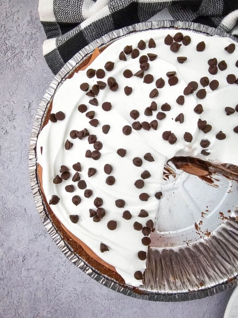 A close up shot of chocolate pudding pie.