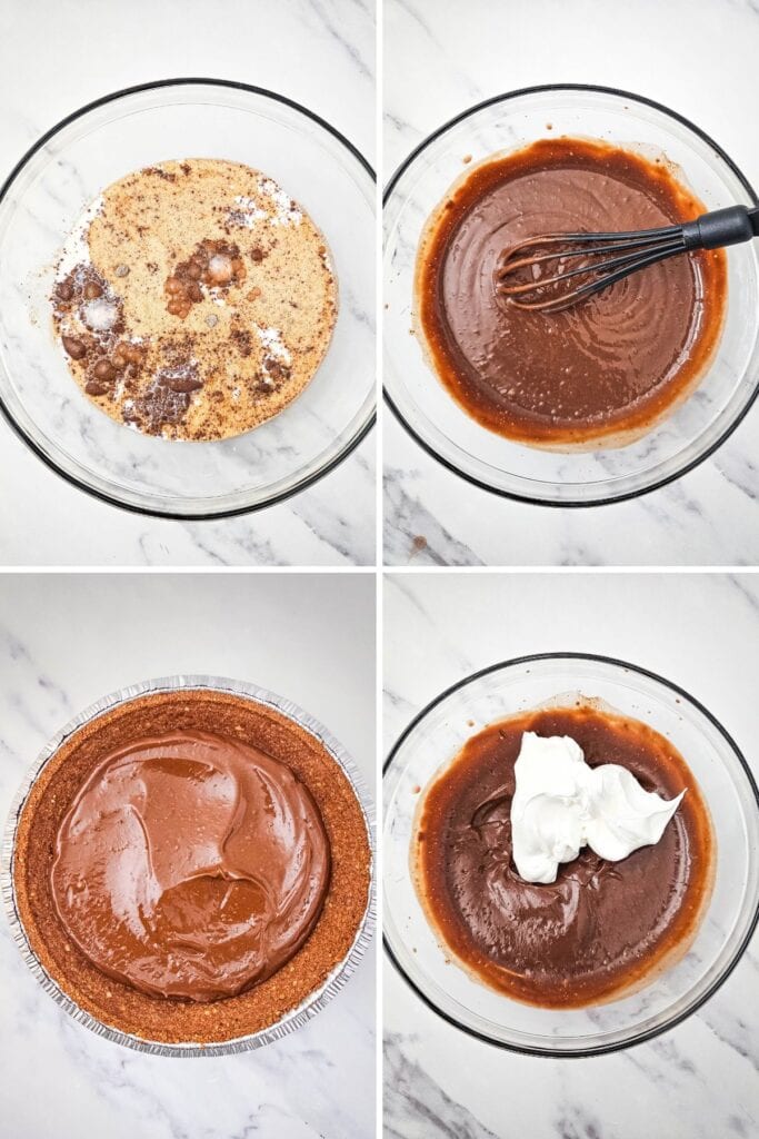 Process shots of chocolate pudding pie.