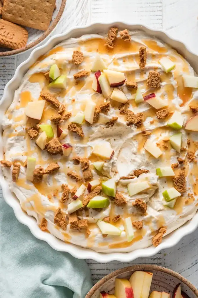 A bowl of caramel apple cheesecake dip.