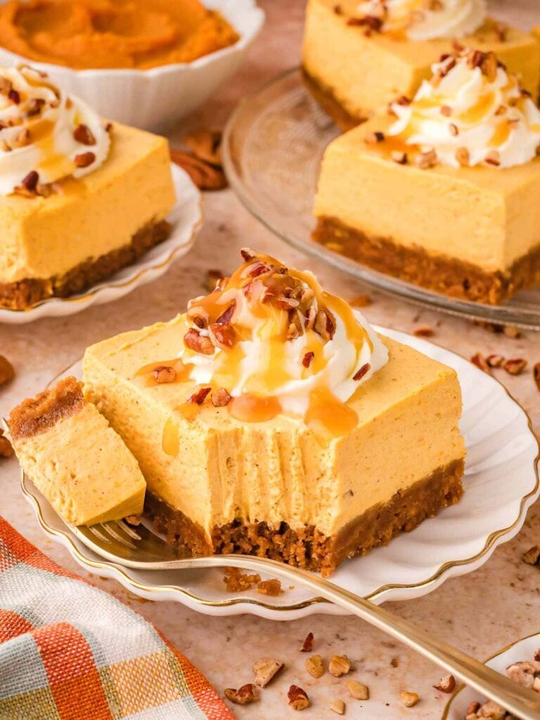 No-bake pumpkin cheesecake bars on a plate.