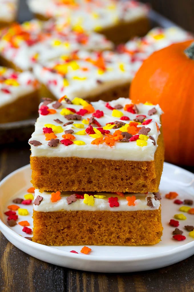 Pumpkin bars on a plate.