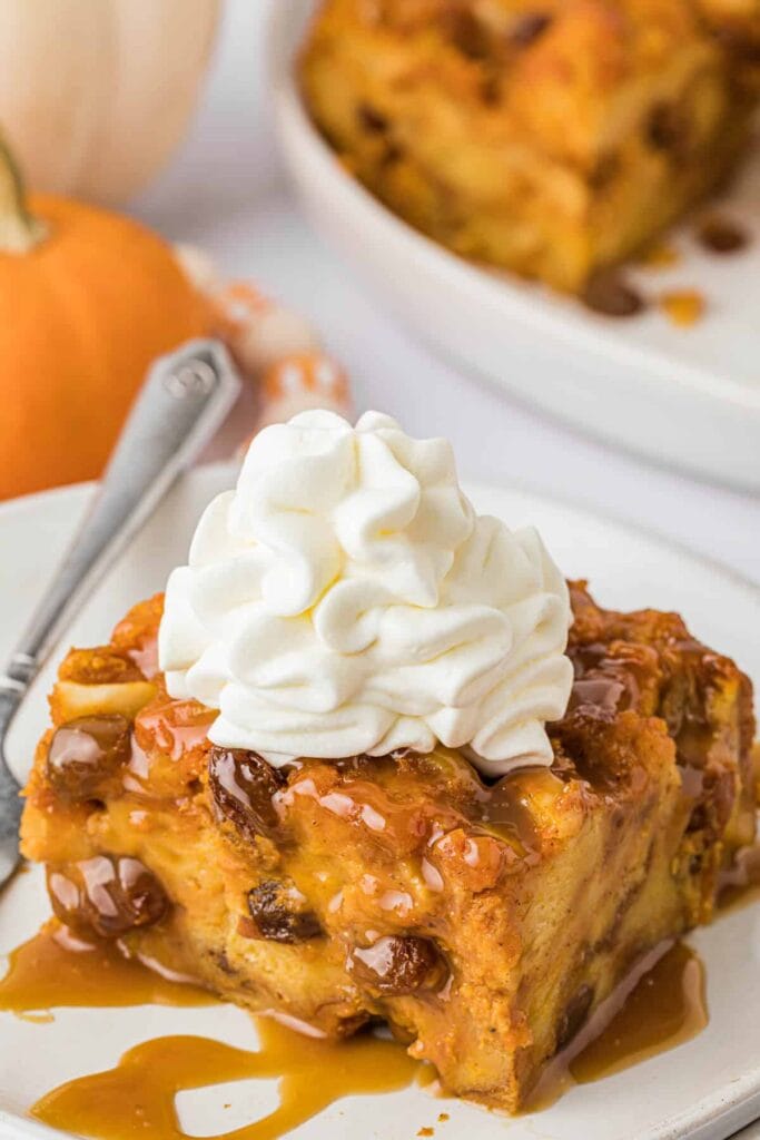 Pumpkin bread pudding on a plate.