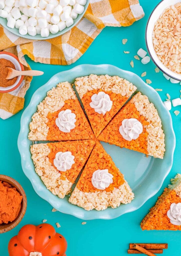 Pumpkin pie Rice Krispie treats on a plate.