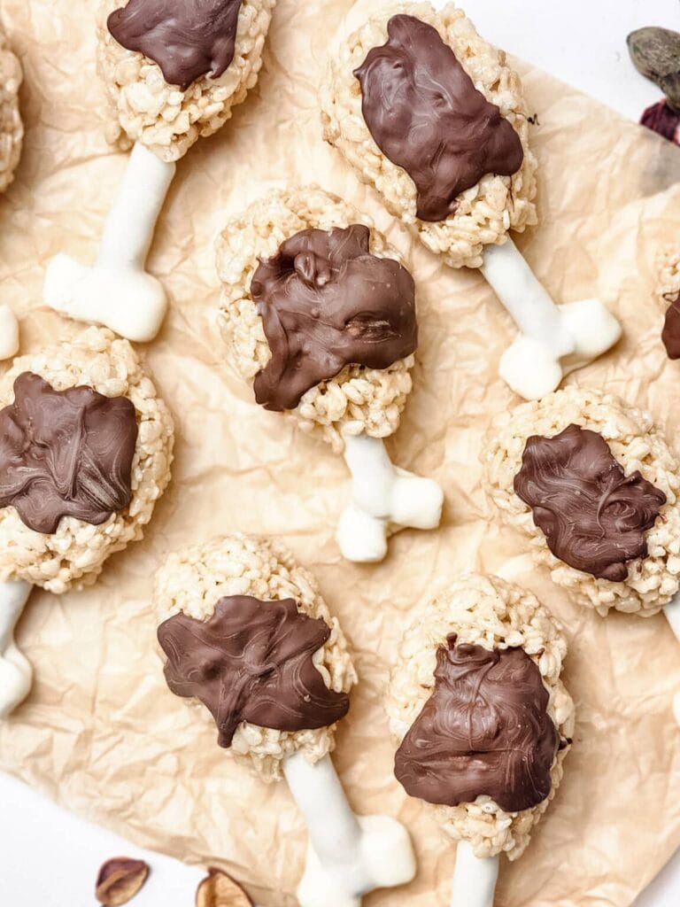 Close-up of turkey leg Rice Krispies with pretzel ends.