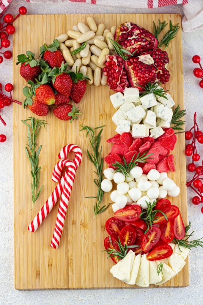 A close up shot of candy cane charcuterie board.