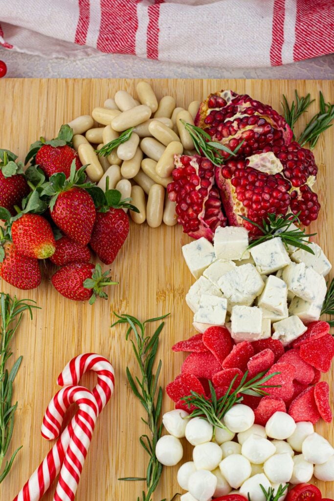 A close up shot of candy cane charcuterie board.