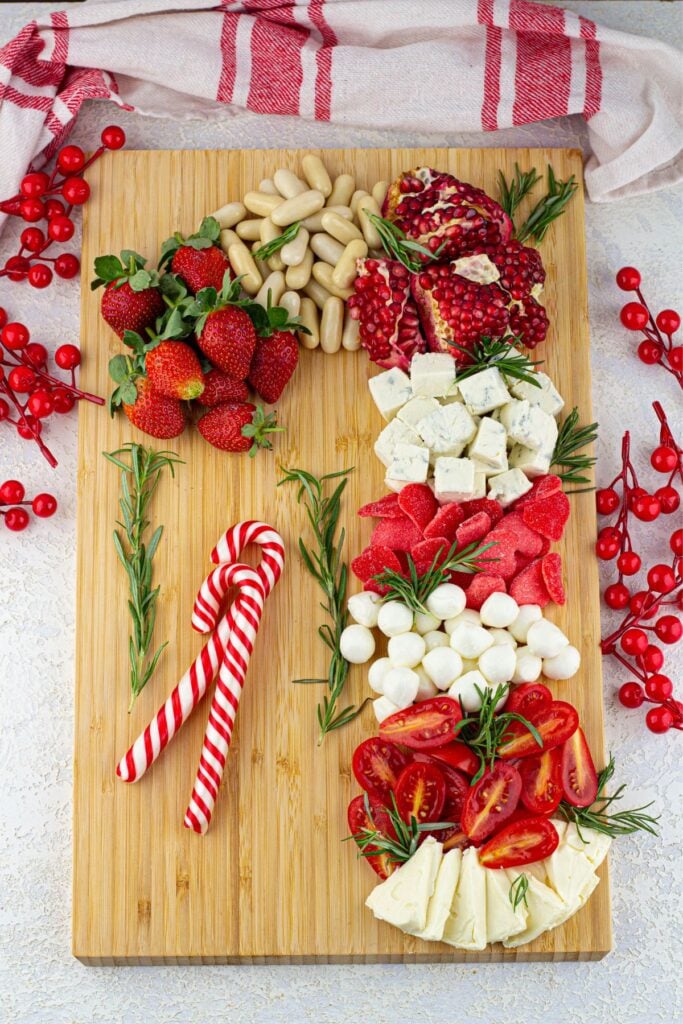 A close up shot of candy cane charcuterie board.