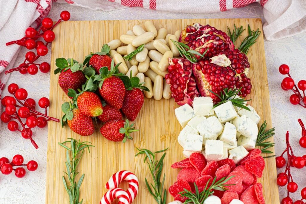 A close up shot of candy cane charcuterie board.