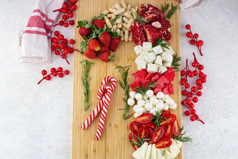 A close up shot of candy cane charcuterie board.