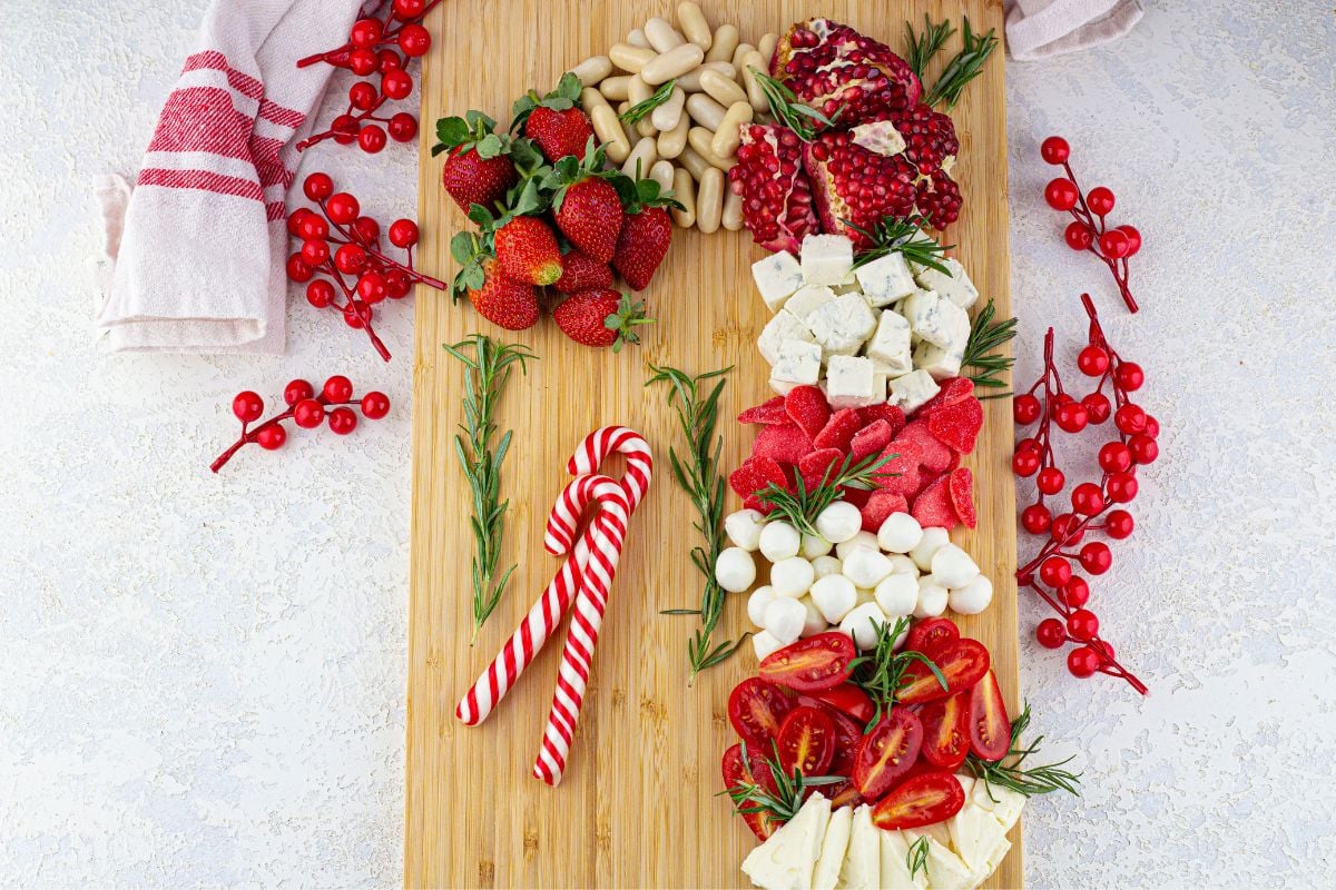 A close up shot of candy cane charcuterie board.