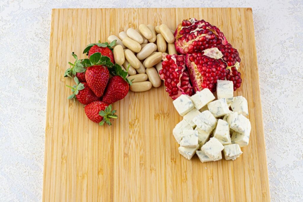 A close up shot of candy cane charcuterie board.