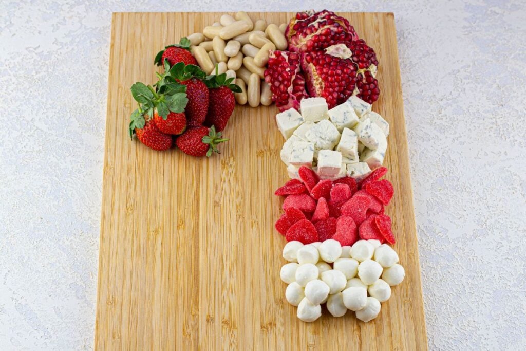 A close up shot of candy cane charcuterie board.