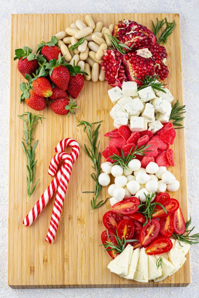 A close up shot of candy cane charcuterie board.