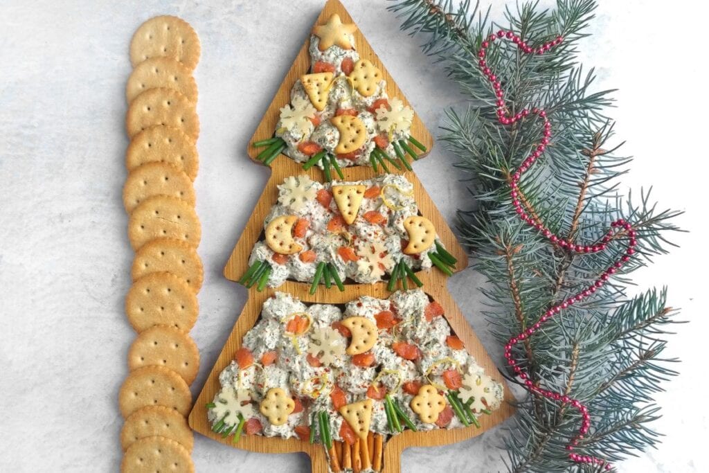 A close up shot of Christmas tree smoked salmon dip.