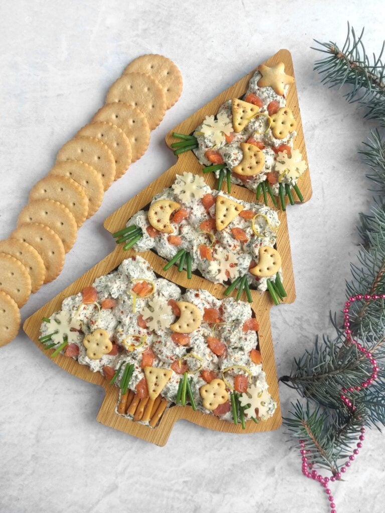 A close up shot of Christmas tree smoked salmon dip.